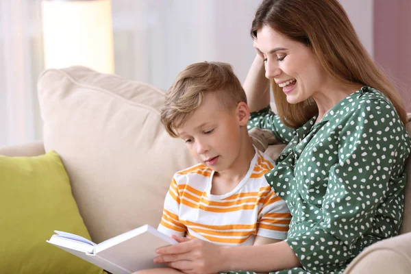 Mother Her Son Reading Book Together Home — Stock Photo, Image