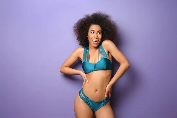 Beautiful African American Woman Bikini Color Background — Stock Photo, Image