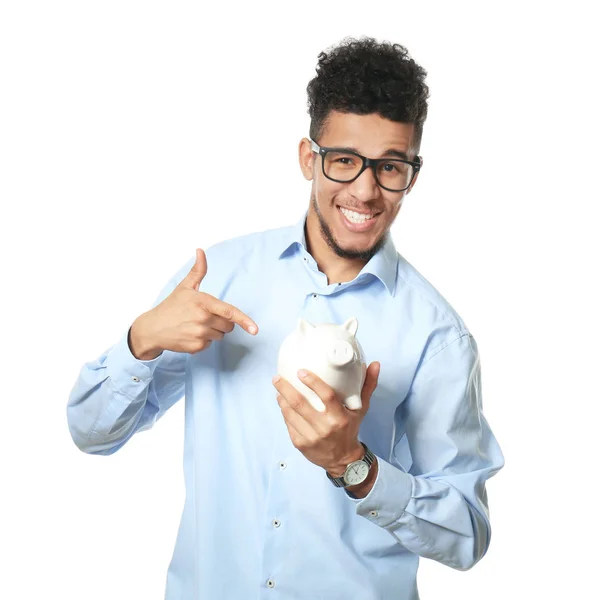 African American Man Piggy Bank White Background — Stock Photo, Image