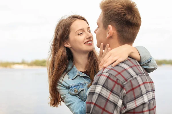 Happy Young Couple River Spring Day — Stock Photo, Image
