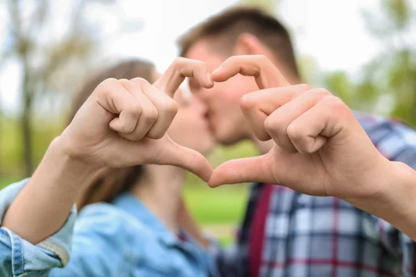 Happy Young Couple Making Heart Hands Park Spring Day — Stock Photo, Image