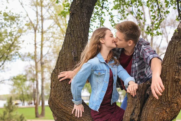 Feliz Pareja Joven Cerca Del Árbol Parque Día Primavera —  Fotos de Stock