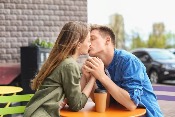 Happy Young Couple Kissing Street Cafe — Stock Photo, Image