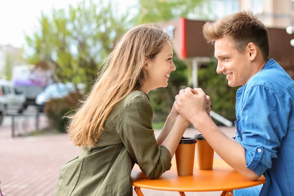 Happy Young Couple Cafe Outdoors — Stock Photo, Image