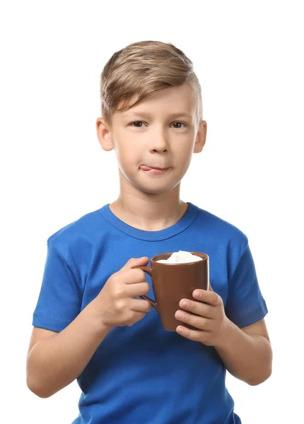 Cute Little Boy Cup Hot Cocoa Drink White Background — Stock Photo, Image