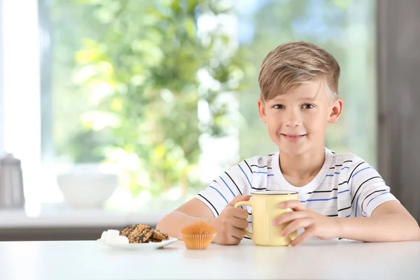 Cute Little Boy Cup Hot Cocoa Drink Table — Stock Photo, Image