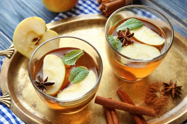 Tray Glasses Apple Drink Cinnamon Table — Stock Photo, Image