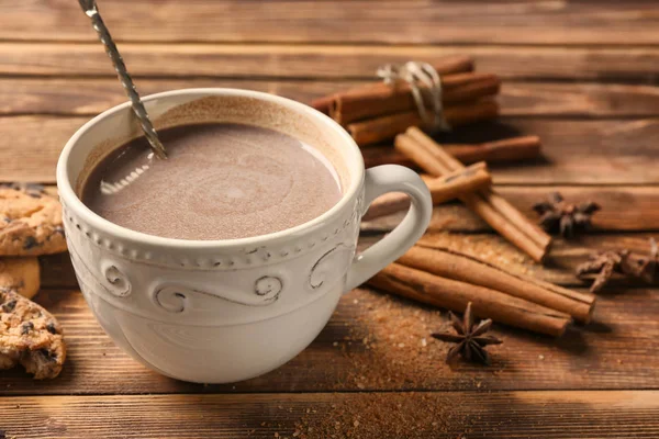 Copa Delicioso Cacao Caliente Sobre Fondo Madera — Foto de Stock
