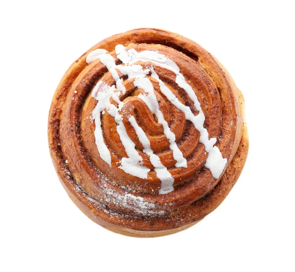 Tasty Sweet Cinnamon Bun Icing White Background — Stock Photo, Image