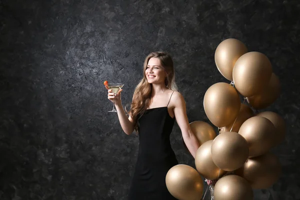 Beautiful Young Woman Balloons Cocktail Dark Grey Background — Stock Photo, Image