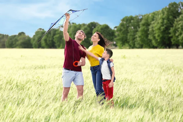Lycklig Familj Flygande Drake Fältet — Stockfoto