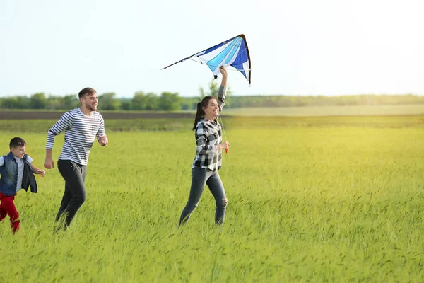 Happy Family Flying Kite Field — Stock Photo, Image