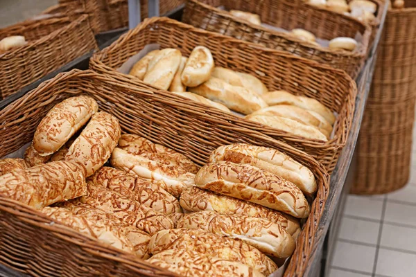 Tasty fresh bakery with cheese in shop