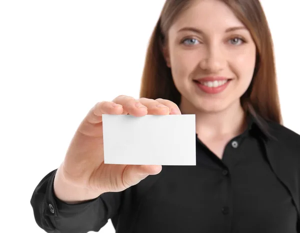 Mulher Com Cartão Visita Fundo Branco — Fotografia de Stock