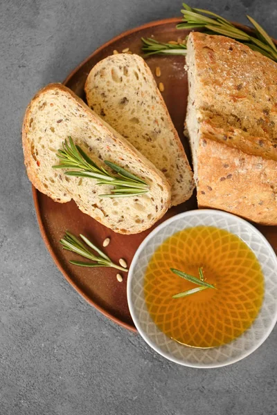 Plate Fresh Tasty Bread Oil Table — Stock Photo, Image