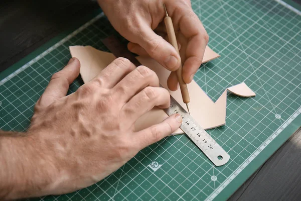 Man Working Piece Leather Factory Closeup — Stock Photo, Image