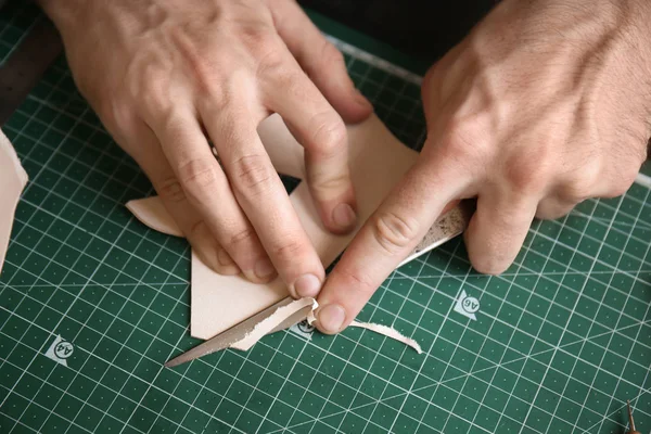 Man Working Piece Leather Factory Closeup — Stock Photo, Image