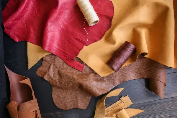 Assortment Colorful Leather Pieces Threads Table — Stock Photo, Image