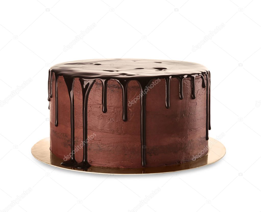 Plate with delicious chocolate cake on white  background