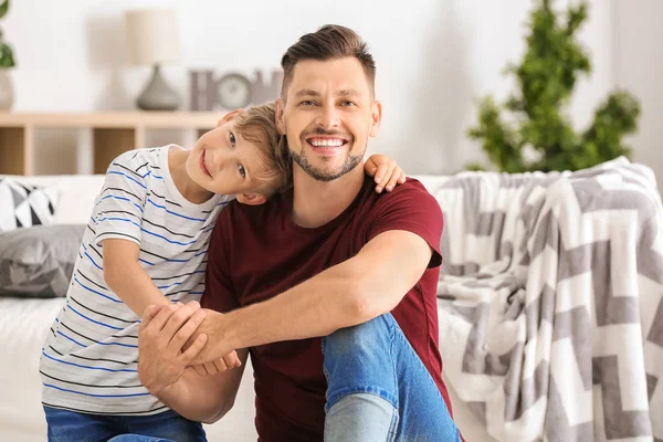 Little Boy His Dad Spending Time Together Home — Stock Photo, Image