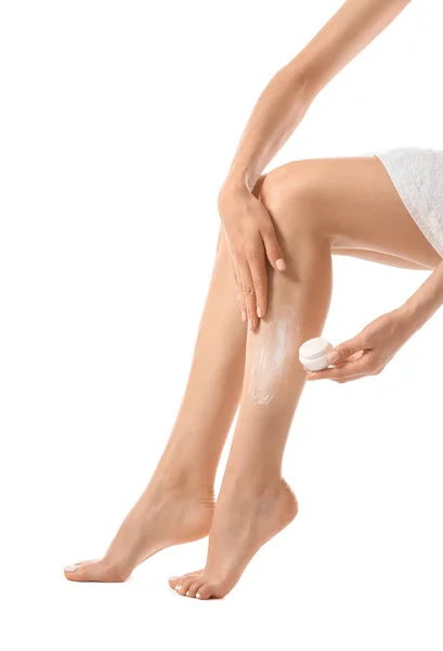 Young Woman Applying Cream Her Leg Depilation White Background — Stock Photo, Image