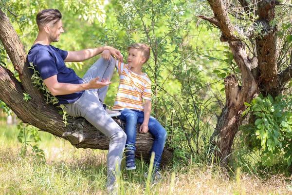 Little Boy His Dad Sitting Tree Outdoors — Stock Photo, Image