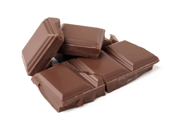 Deliciosas Peças Chocolate Com Leite Fundo Branco — Fotografia de Stock