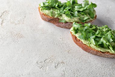 Guacamole ve gri dokulu arka plan üzerinde Salantro tost