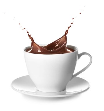 Kakao fincan beyaz arka plan üzerinde sıçrama