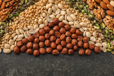 Gri arka plan üzerinde farklı fındık ile kompozisyon