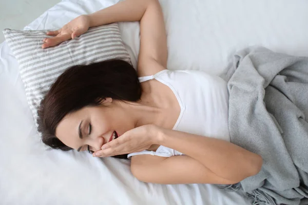 Matin Belle Femme Couchée Lit Maison — Photo