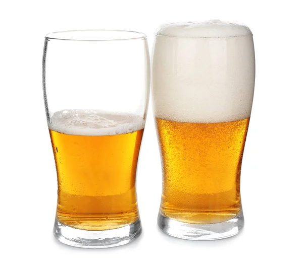 Full Half Filled Glasses Cold Beer White Background — Stock Photo, Image