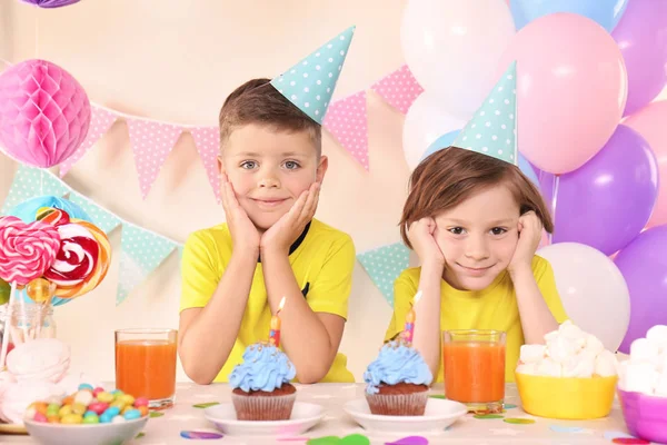 Cute Little Boys Celebrating Birthday Home — Stock Photo, Image