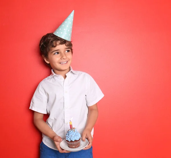 Cute Little Boy Birthday Cupcake Color Background — Stock Photo, Image