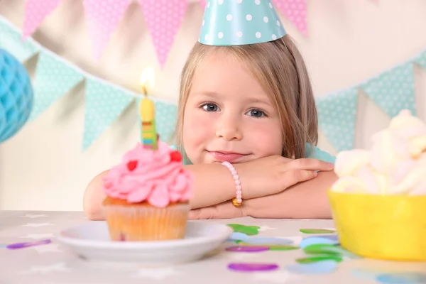 Cute Little Girl Tasty Cupcake Celebrating Birthday Home — Stock Photo, Image