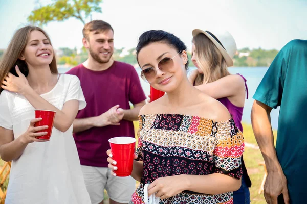 Young People Having Barbecue Party Sunny Day Outdoors — Stock Photo, Image