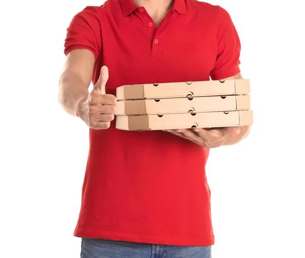 Junger Mann Mit Pizzakartons Die Eine Daumen Hoch Geste Auf — Stockfoto