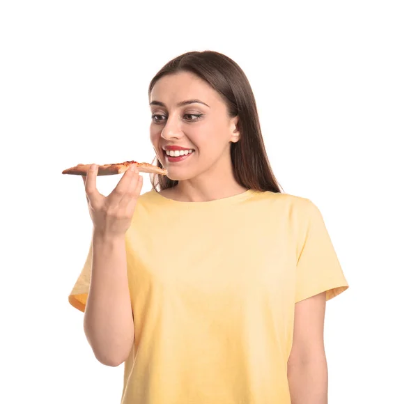 Mujer Joven Con Rebanada Pizza Caliente Sabrosa Sobre Fondo Blanco — Foto de Stock