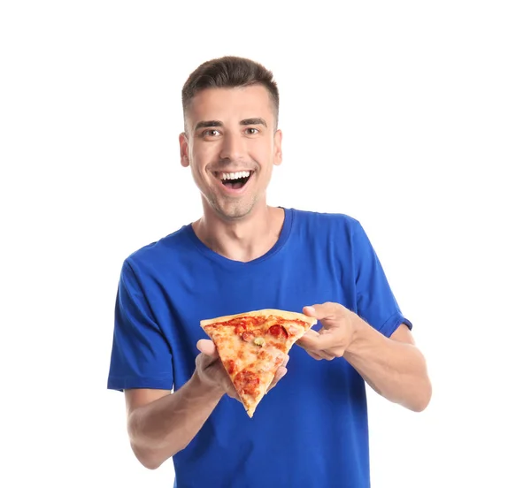 Handsome Young Man Delicious Pizza White Background — Stock Photo, Image