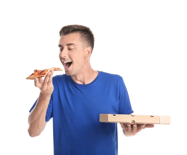 Handsome Young Man Delicious Pizza White Background — Stock Photo, Image