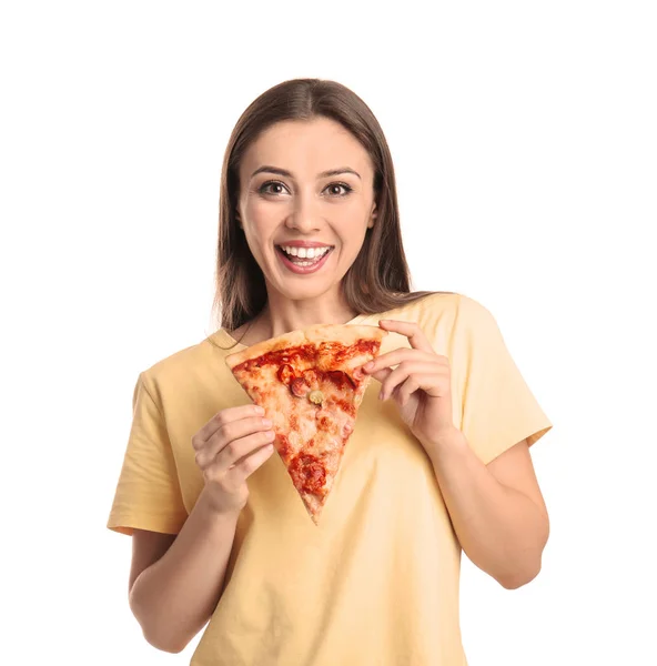 Jonge Vrouw Met Plak Van Hete Lekkere Pizza Witte Achtergrond — Stockfoto