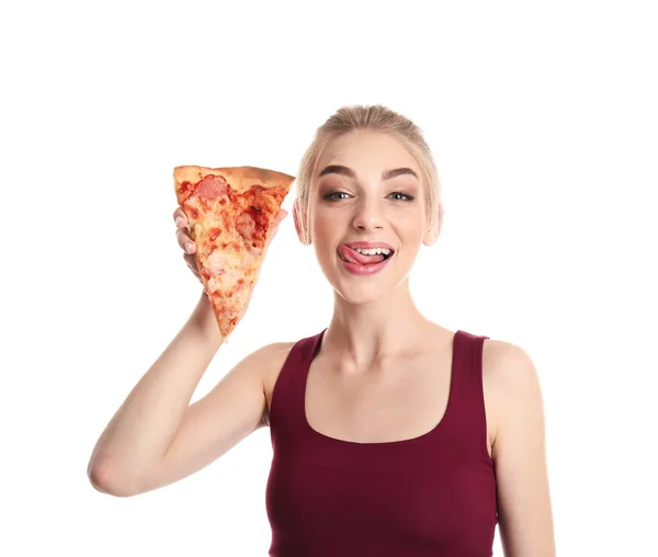 Jonge Vrouw Met Plak Van Hete Lekkere Pizza Witte Achtergrond — Stockfoto
