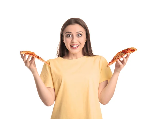 Young Woman Slice Hot Tasty Pizza White Background — Stock Photo, Image