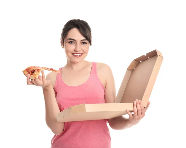 Atrakcyjna Młoda Kobieta Pyszną Pizzę Białym Tle — Zdjęcie stockowe