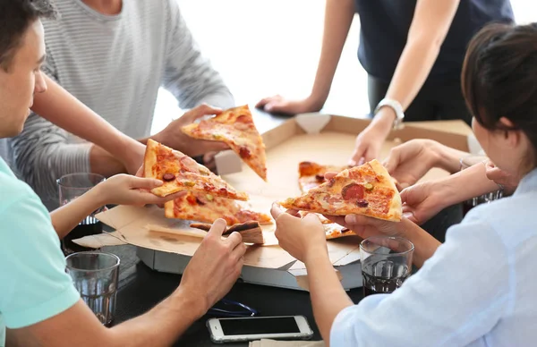 Young People Taking Slices Hot Tasty Pizza Cardboard Box — Stock Photo, Image