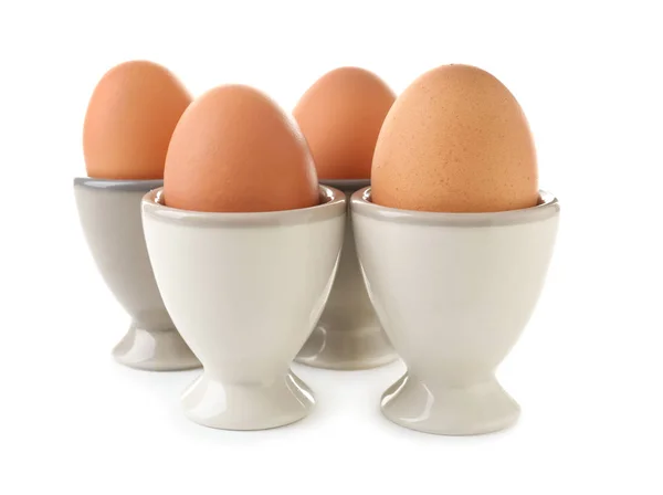 Keramische Houders Met Kip Eieren Witte Achtergrond — Stockfoto