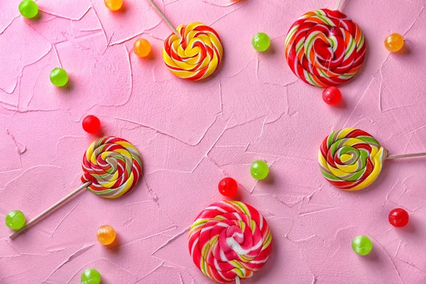 Delicious Candies Lollipops Color Background — Stock Photo, Image