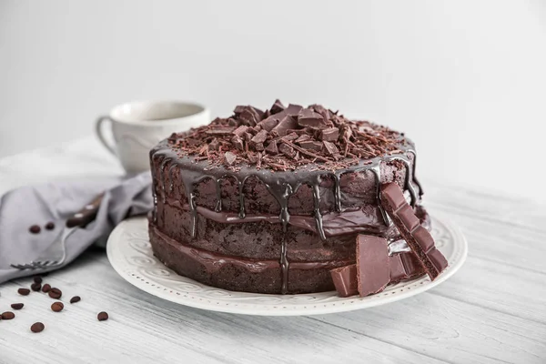 Plate Delicious Chocolate Cake White Table — Stock Photo, Image