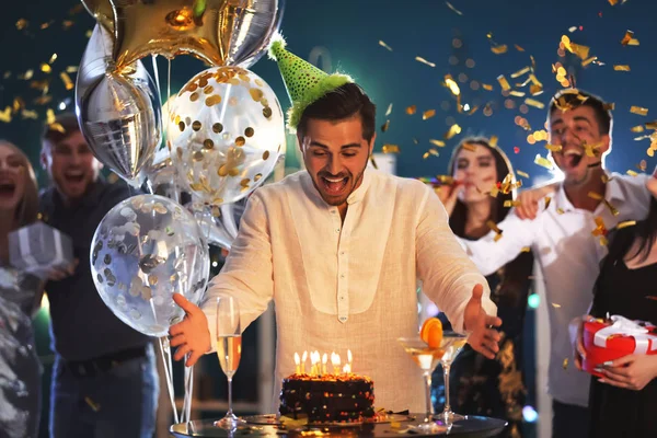 Young Man His Birthday Cake Party Club — Stock Photo, Image