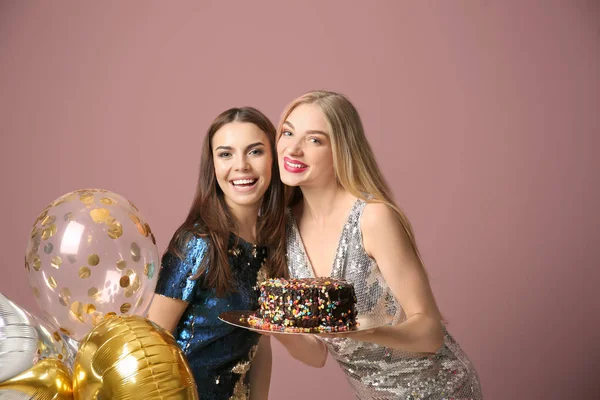 Young Woman Birthday Cake Her Friend Color Background — Stock Photo, Image
